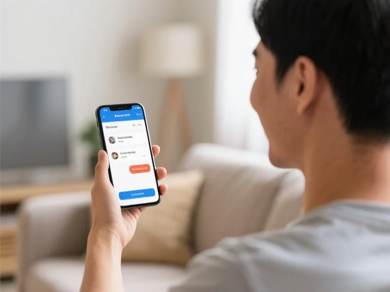 一位用户在家中通过智能手机与在线客服沟通，用户表情轻松，界面清晰可见